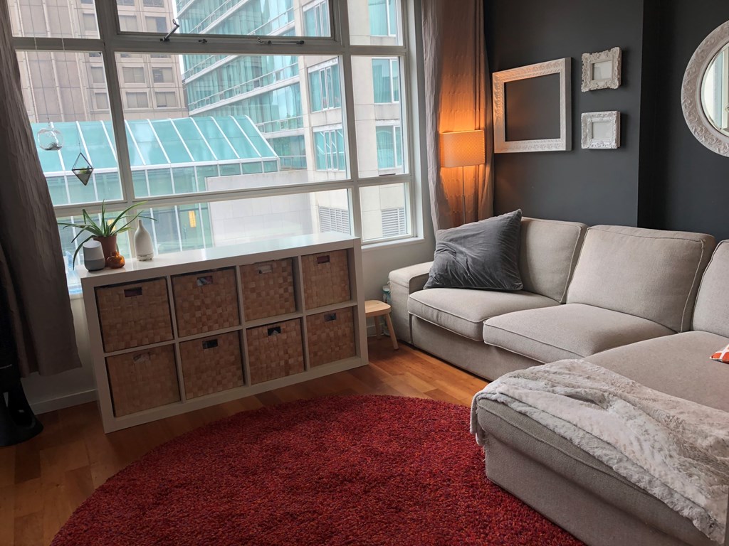 A living room with a grey couch, a red rug, and a large window with a view of a building outside.