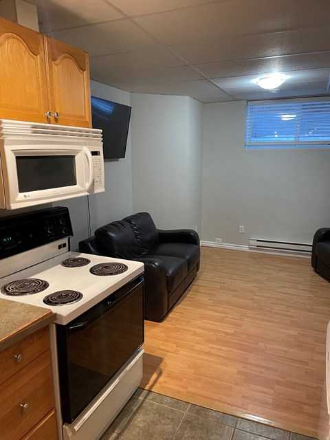 a kitchen and living room with a stove microwave and a couch