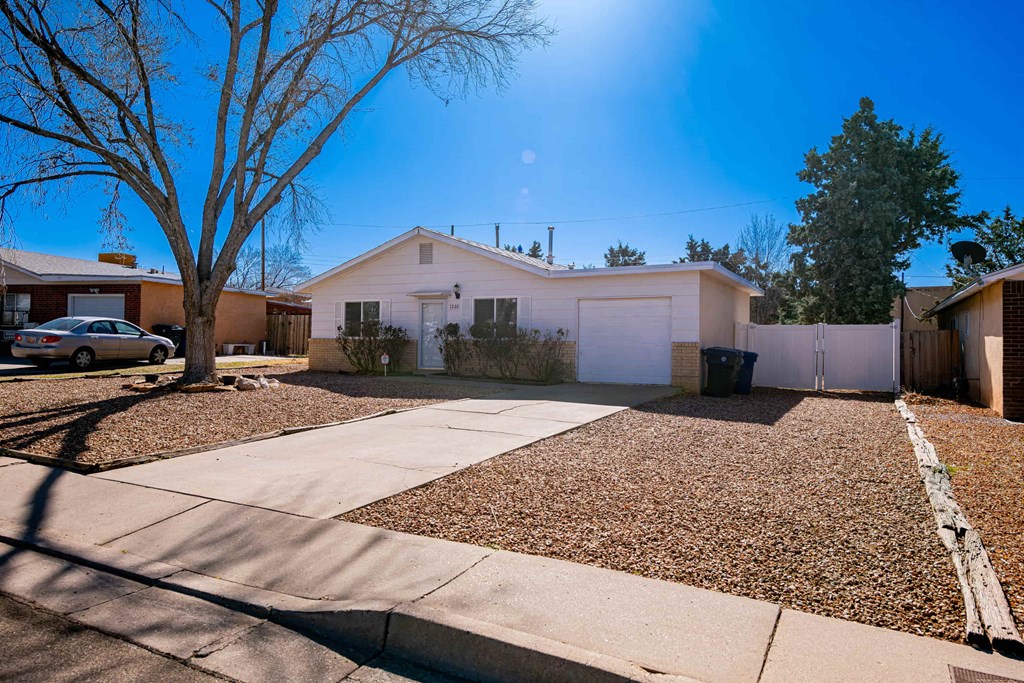 a white house with a driveway and a tree