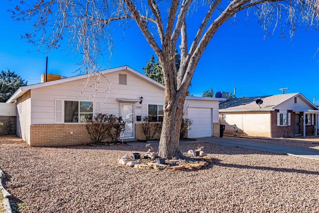 a white house with a tree in the front of it
