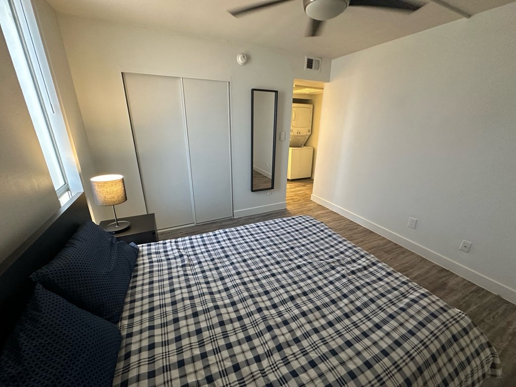 a bedroom with a bed and a closet and a ceiling fan