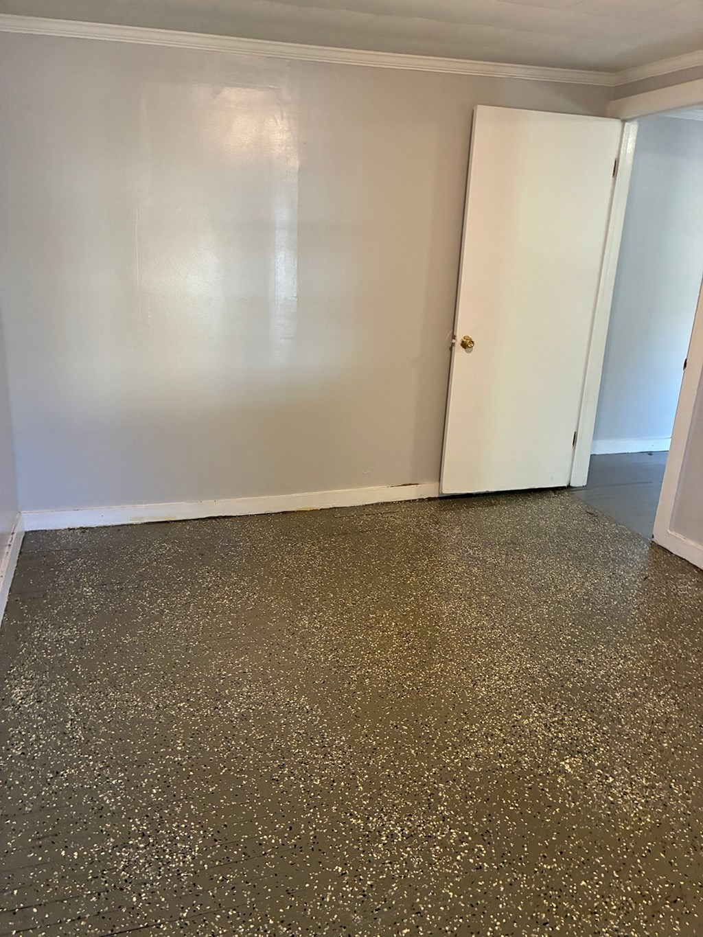A room with a white door and a speckled floor.