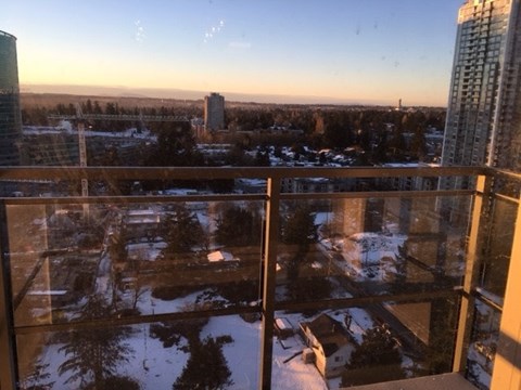 A view from a high-rise building looking out over a snowy landscape.