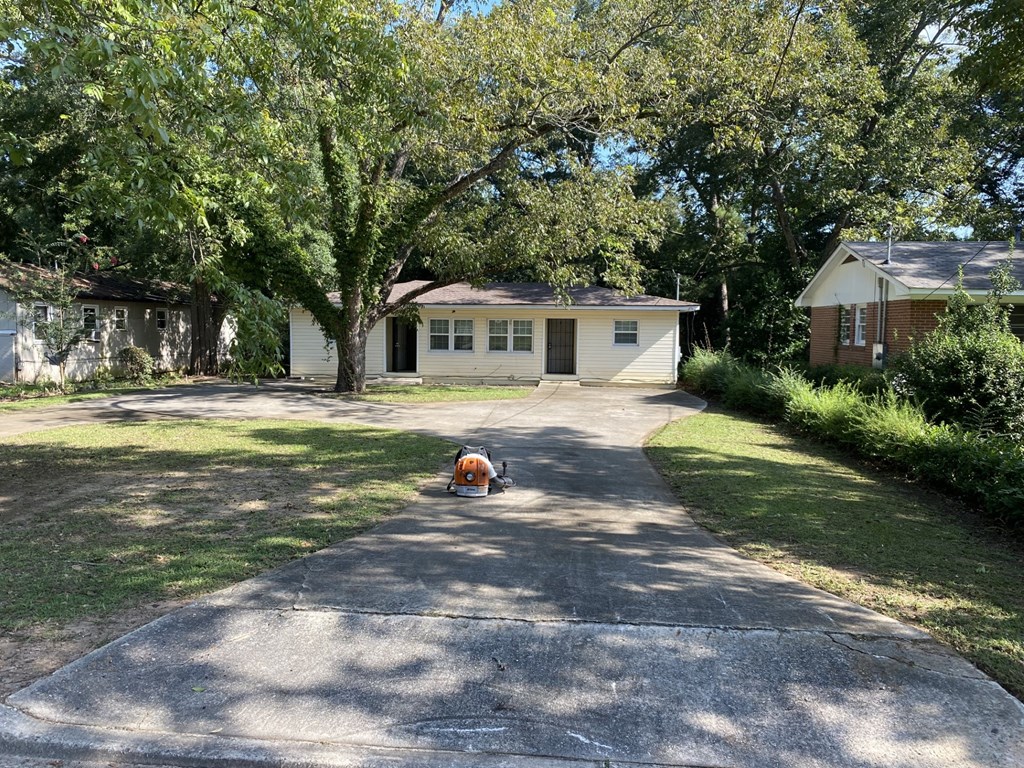 a dog laying on a driveway in front of a house