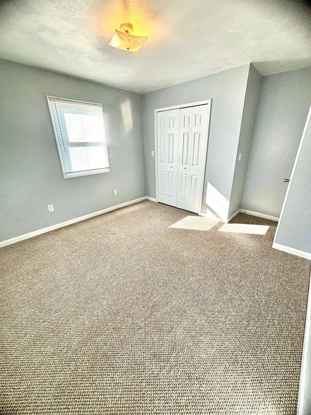 an empty room with carpet and a white door