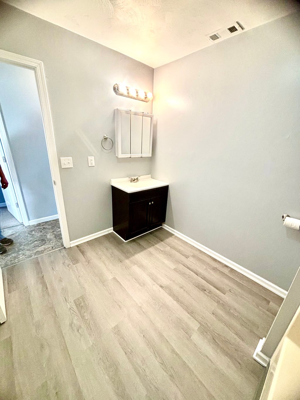 a bathroom with wood flooring and a sink and a mirror