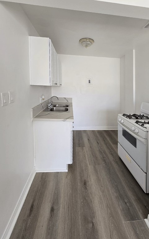 A kitchen with a stove and sink.