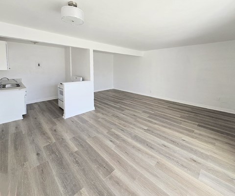 A room with a grey wood floor and white walls.