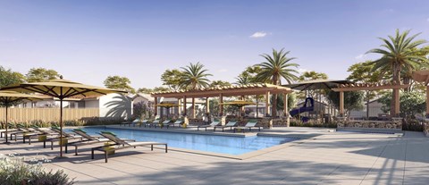 a rendering of a pool with chairs and umbrellas