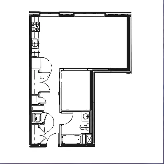 A black and white image of a floor plan with a large rectangle and a smaller rectangle inside it.