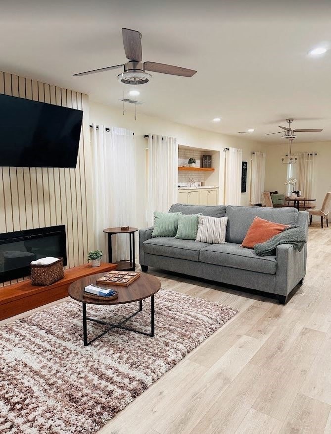 a living room with a couch and a coffee table