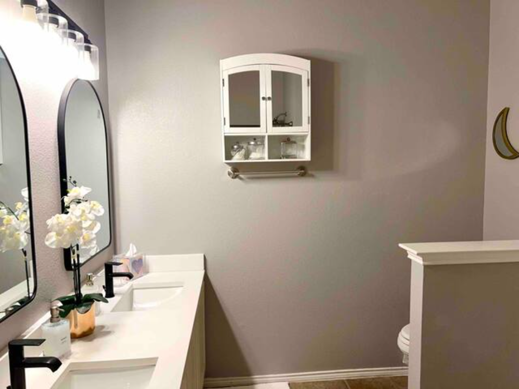 a bathroom with two sinks and a medicine cabinet