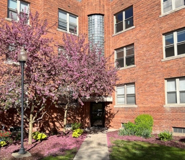A brick building with a tree in front of it.