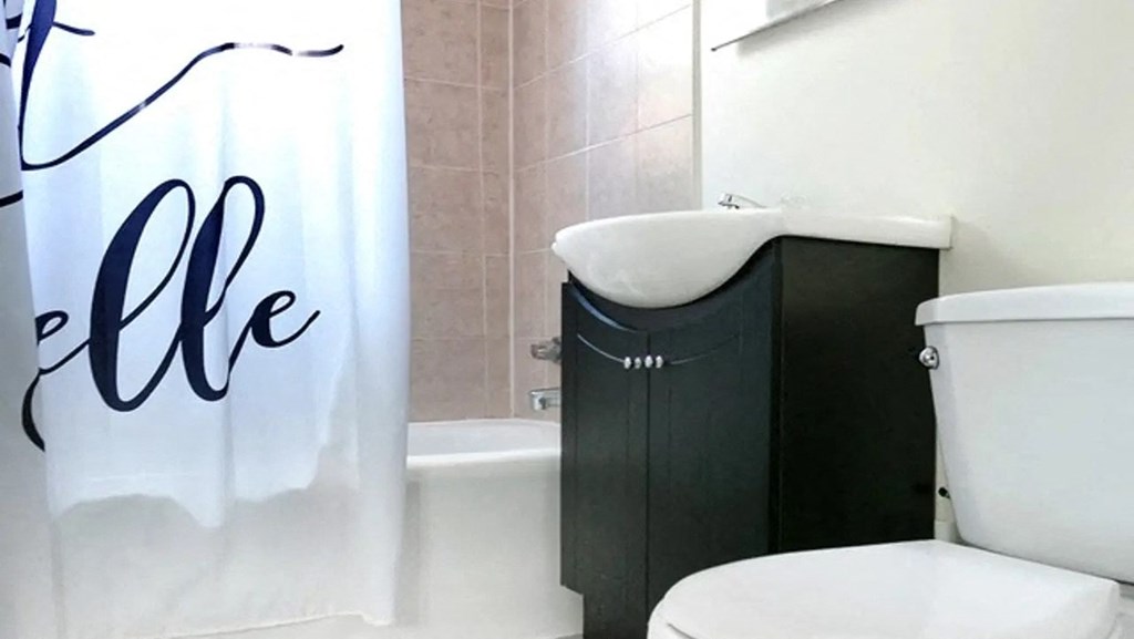 a bathroom with a sink and a toilet and a shower curtain