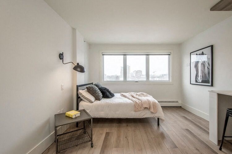 a bedroom with a bed and a window