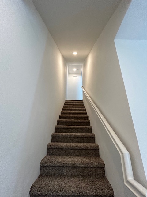 a staircase with carpeted stairs leading up to a hallway with white walls