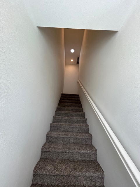 a flight of stairs with carpeting and a white wall
