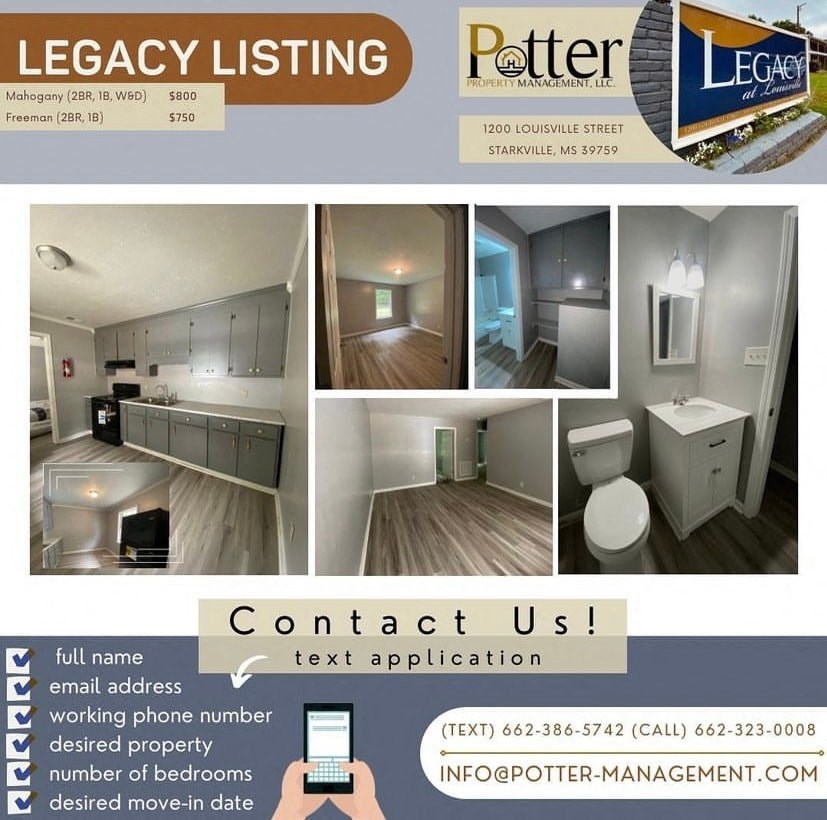 a real estate flyer for a lease application with pics of a bathroom and a kitchen