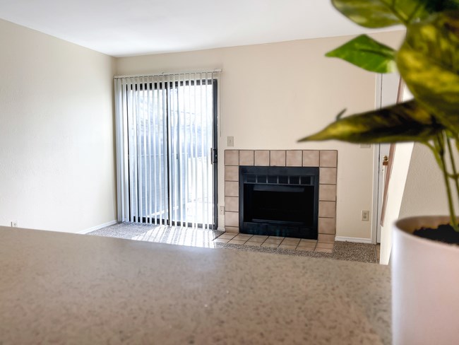 an empty living room with a fireplace and a plant