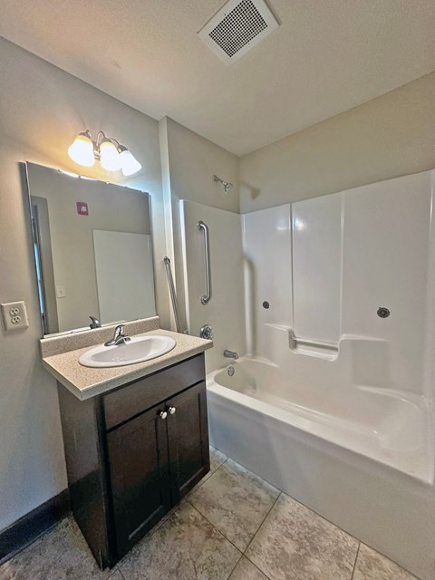 a bathroom with a sink and a shower and a bath tub