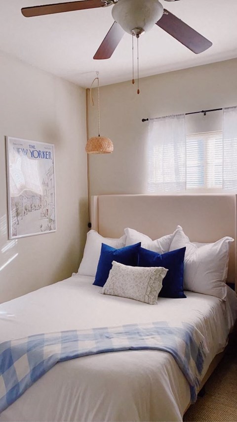 a bedroom with a bed and a ceiling fan