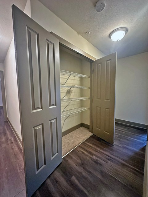 a room with a closet and a door