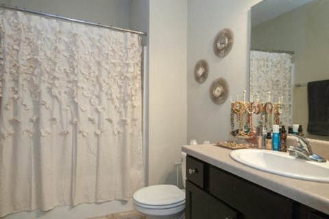 a bathroom with a shower curtain and a sink and a toilet