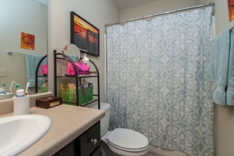 a bathroom with a shower and a sink and a toilet