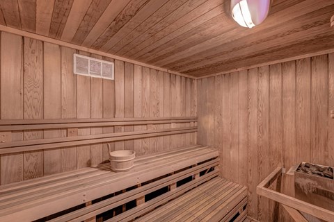 A wooden sauna with benches and a light on the ceiling.