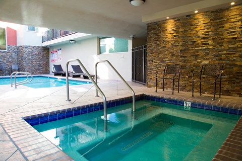 A small indoor pool with a ladder.