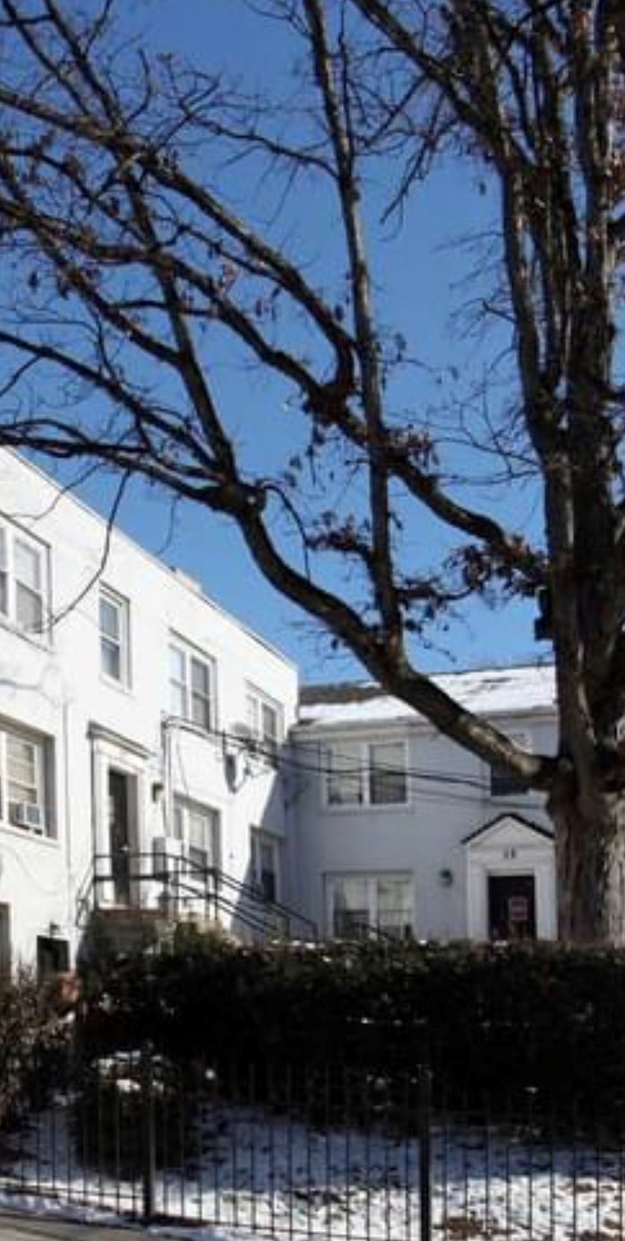 A white house with a black fence and a bare tree in front.