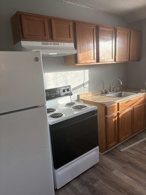 A kitchen with a white refrigerator, black stove, and wooden cabinets.