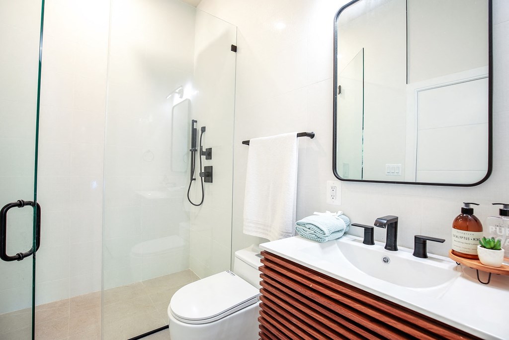 a bathroom with a sink and a toilet and a shower