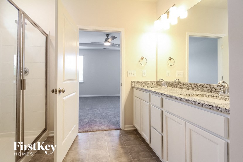 a bathroom with a sink and a mirror and a shower