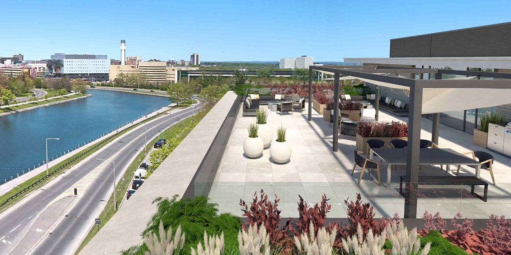 a rendering of a rooftop terrace with a river and cityscape in the background