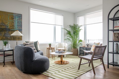 a living room with a couch and chairs and a rug