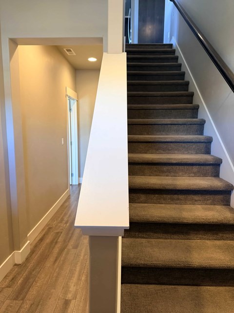 A staircase with a carpeted runner and wooden steps.