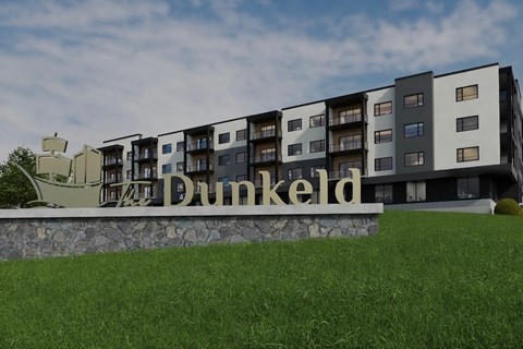 A modern apartment complex named Dunkeld is shown in the image.