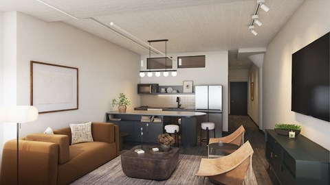 A modern living room with a brown sofa, a coffee table, and a television.