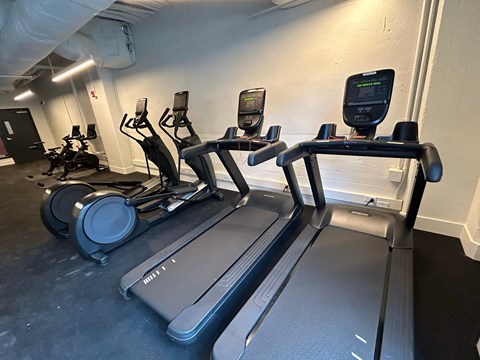 A gym with treadmills and elliptical machines.