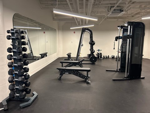 A gym with a variety of equipment including a leg press machine, a squat rack, and a bench press.
