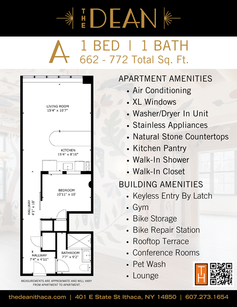 A flyer for an apartment complex called The Dean advertises a 1 bedroom, 1 bath unit.