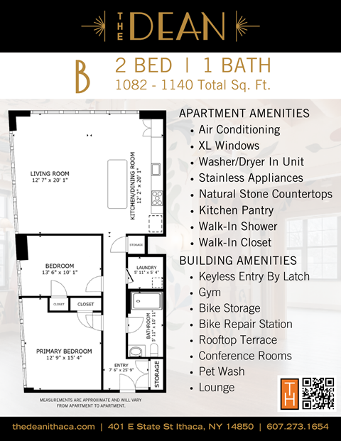 Apartment listing for a 2 bedroom apartment with a listing of amenities and building amenities.