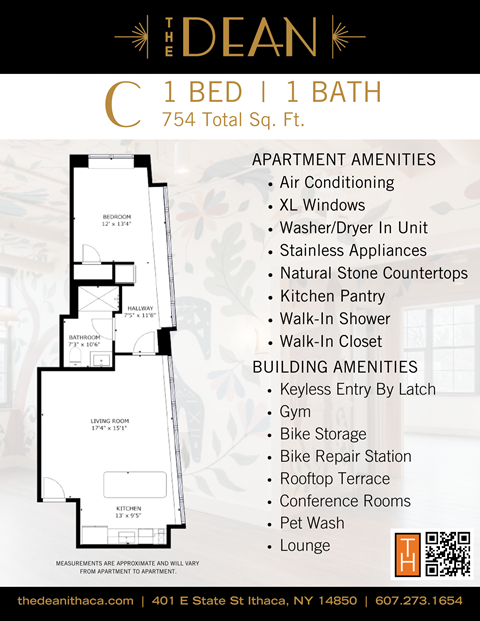A flyer for a 1 bedroom apartment at The Dean, which includes amenities such as air conditioning and a gym.