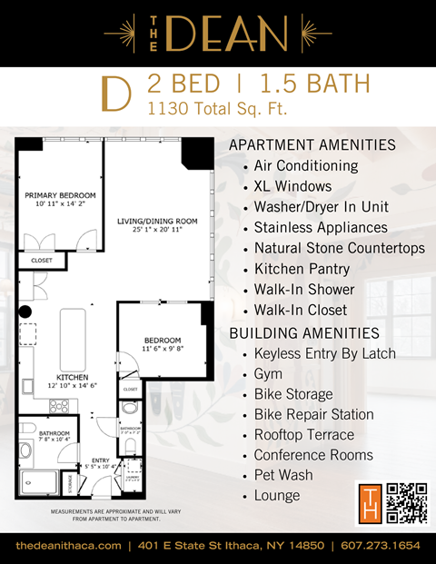 A flyer for a 2 bedroom, 1.5 bath apartment at The Dean in Ithaca, NY.