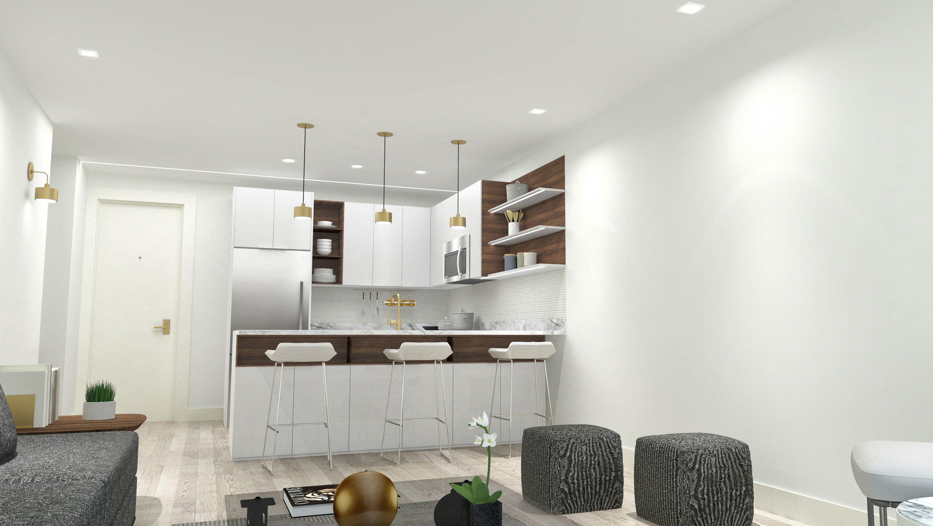 a kitchen with white cabinets and a bar with three stools