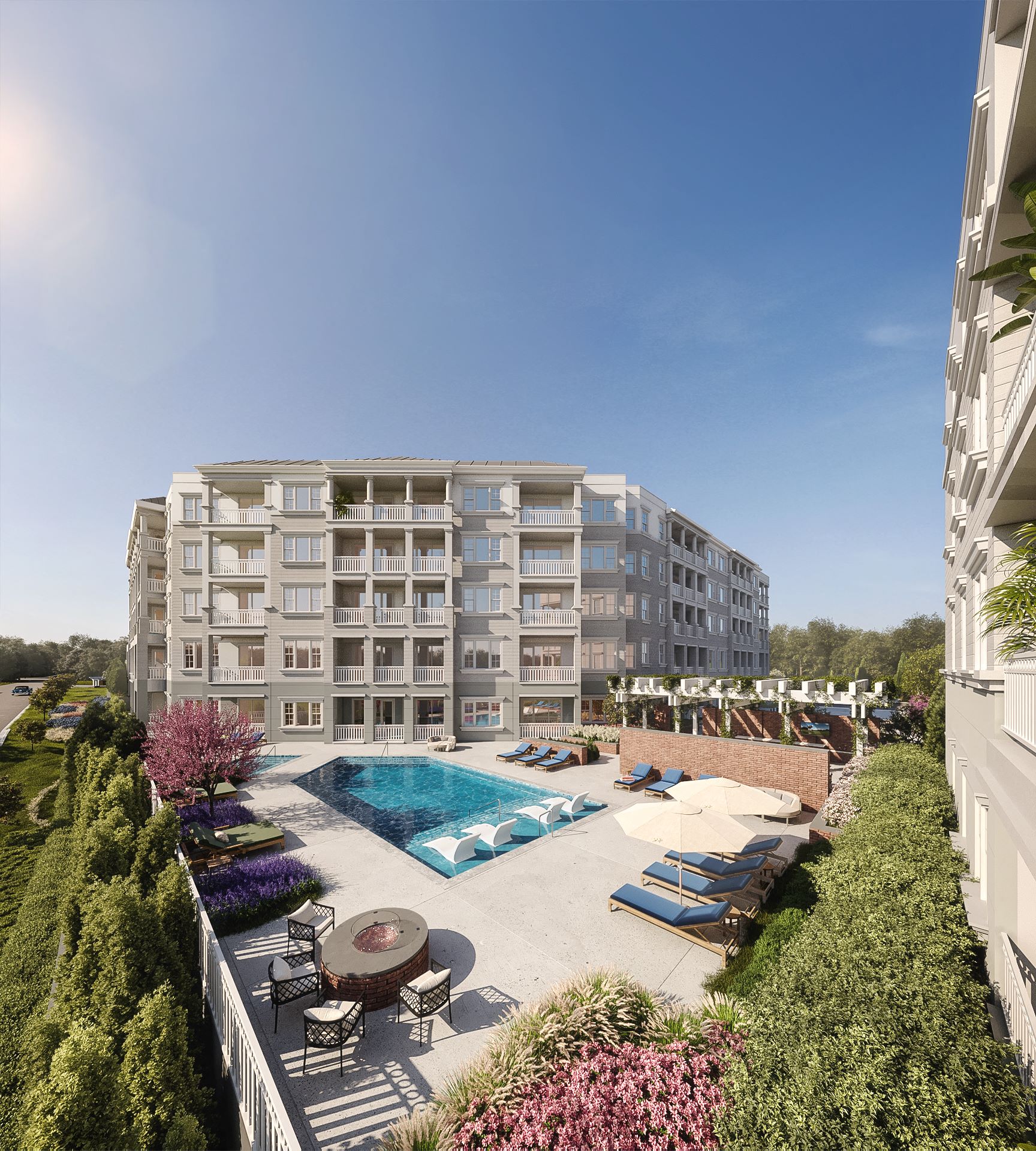 a rendering of a hotel with a swimming pool and patio