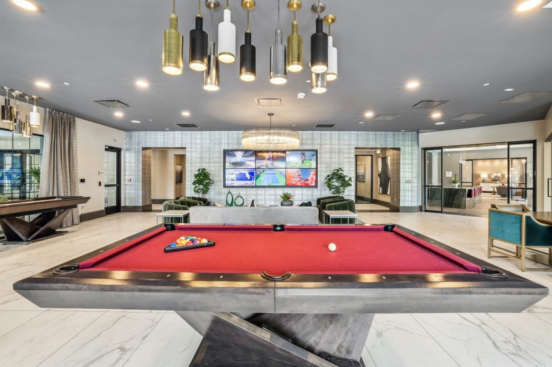 A pool table is in the middle of a room with a TV and plants in the background.