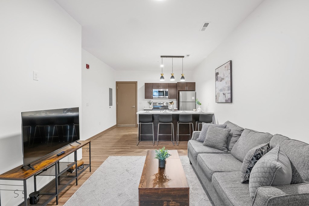 A living room with a grey couch and a television.