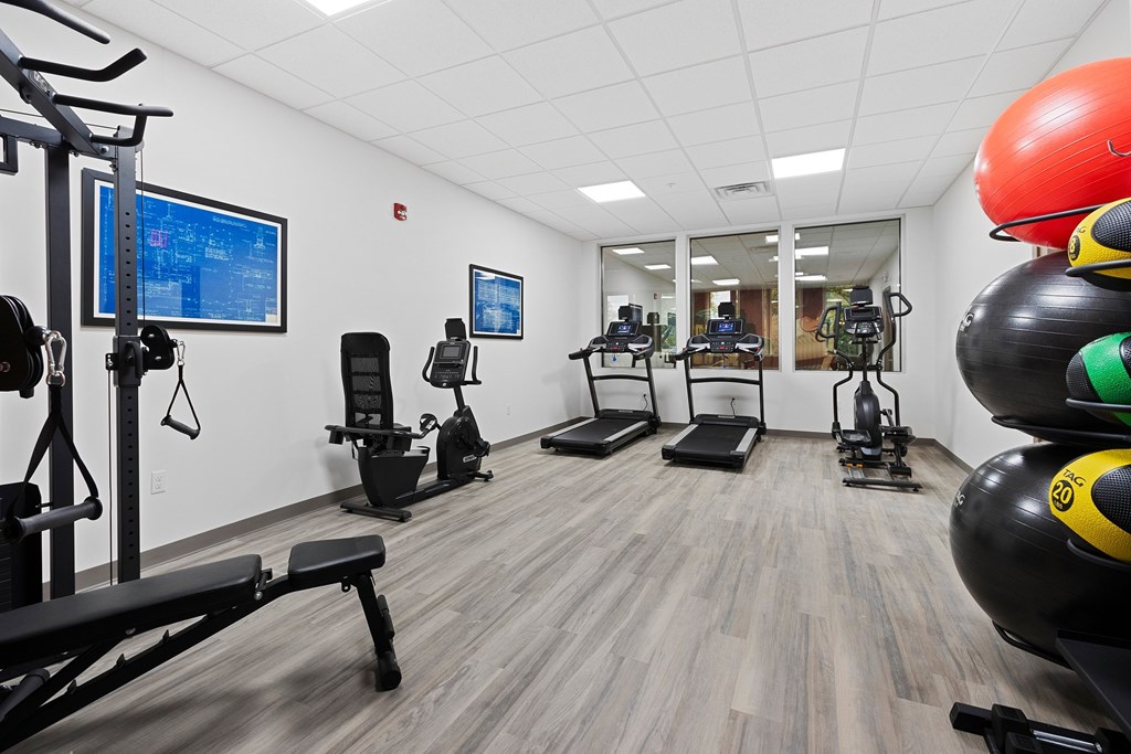 A gym with a variety of equipment including a weight bench, a rowing machine, a stationary bike, a treadmill, a kettlebell, and a medicine ball.
